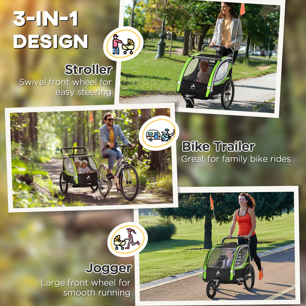 3-in-1 Double Seat Bike Trailer & Jogging Stroller - Green-Child Bicycle Trailers-DECOROLALA