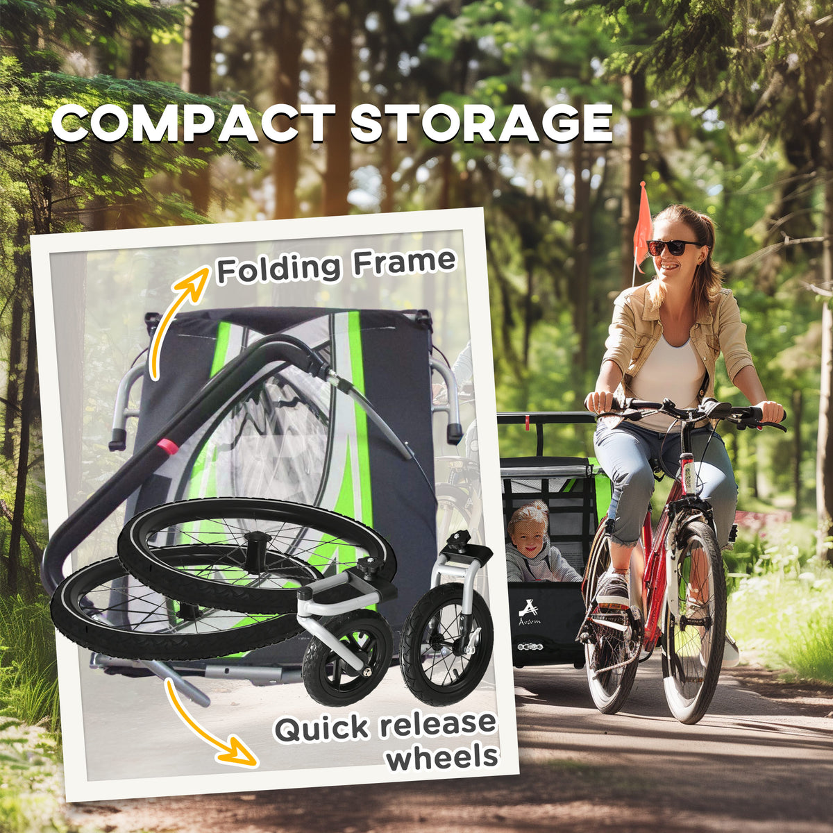 3-in-1 Double Seat Bike Trailer & Jogging Stroller - Green-Child Bicycle Trailers-DECOROLALA