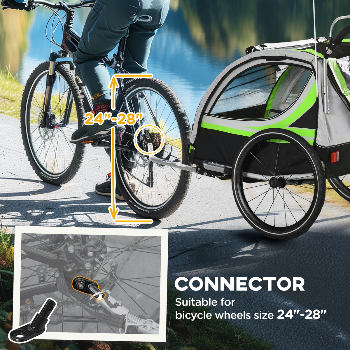 3-in-1 Double Seat Bike Trailer & Jogging Stroller - Green-Child Bicycle Trailers-DECOROLALA