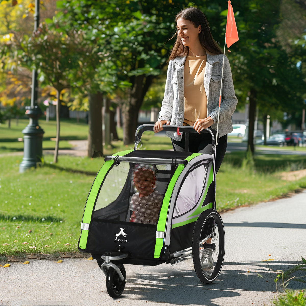 3-in-1 Double Seat Bike Trailer & Jogging Stroller - Green-Child Bicycle Trailers-DECOROLALA