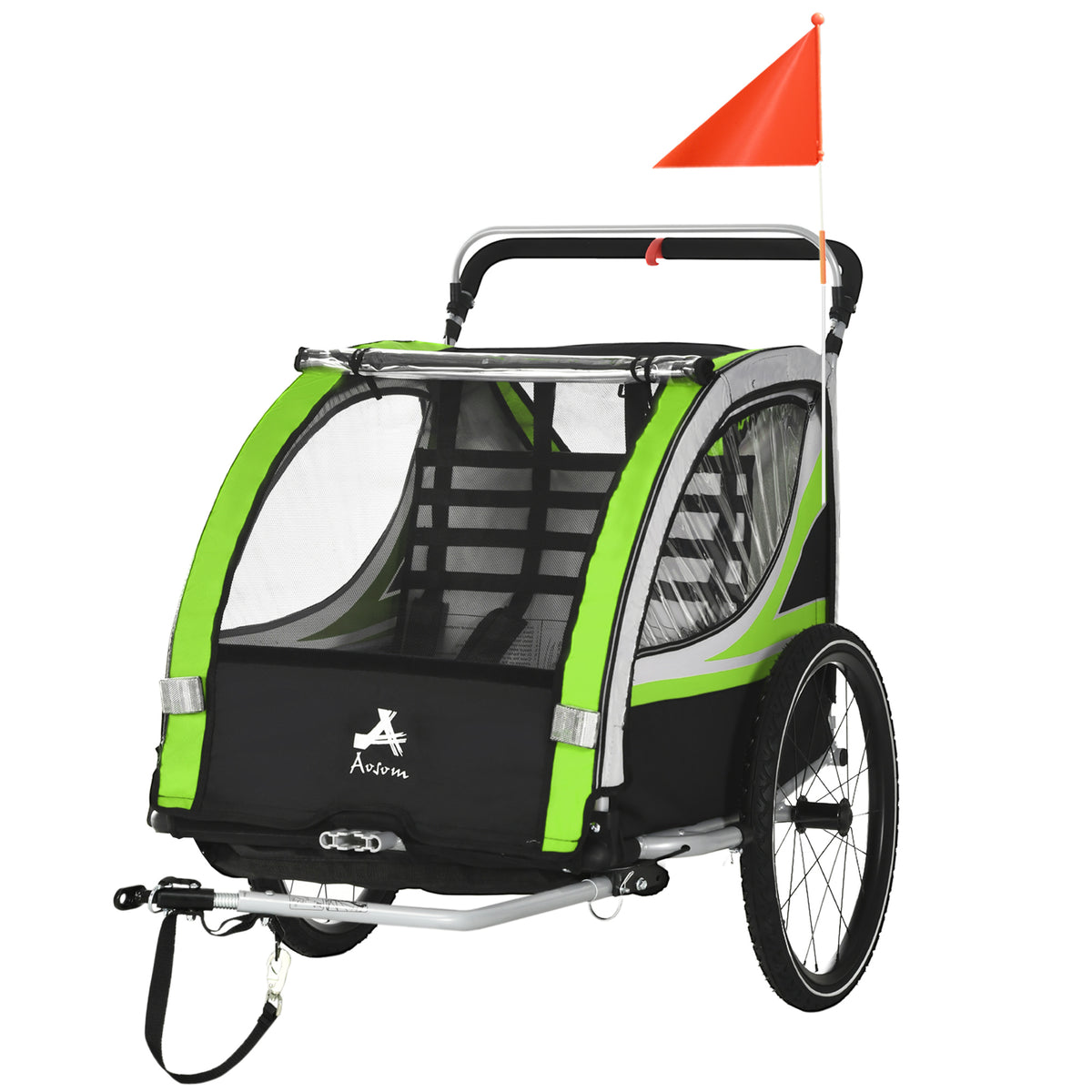 3-in-1 Double Seat Bike Trailer & Jogging Stroller - Green-Kids Bicycle Trailers-DECOROLALA