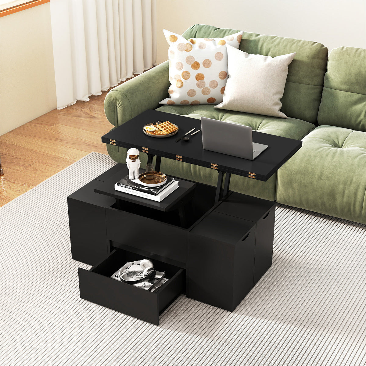 3-in-1 Expandable Lift Top Coffee Table with 4 Storage Stools and Hidden Compartment for 4-8 People-Black-Coffee Tables-DECOROLALA