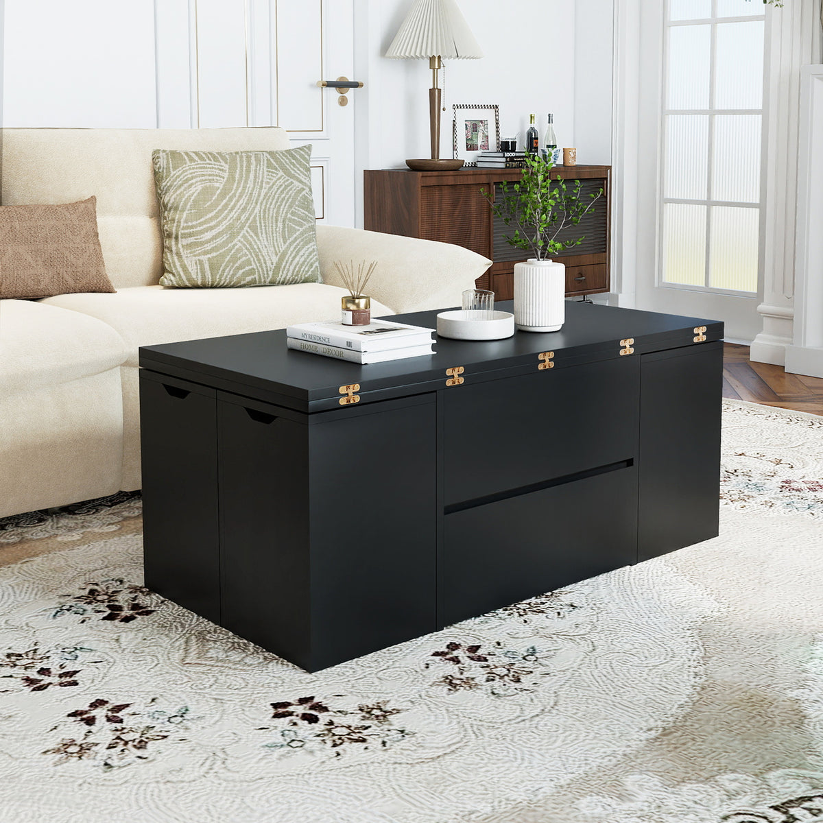 3-in-1 Expandable Lift Top Coffee Table with 4 Storage Stools and Hidden Compartment for 4-8 People-Black-Coffee Tables-DECOROLALA