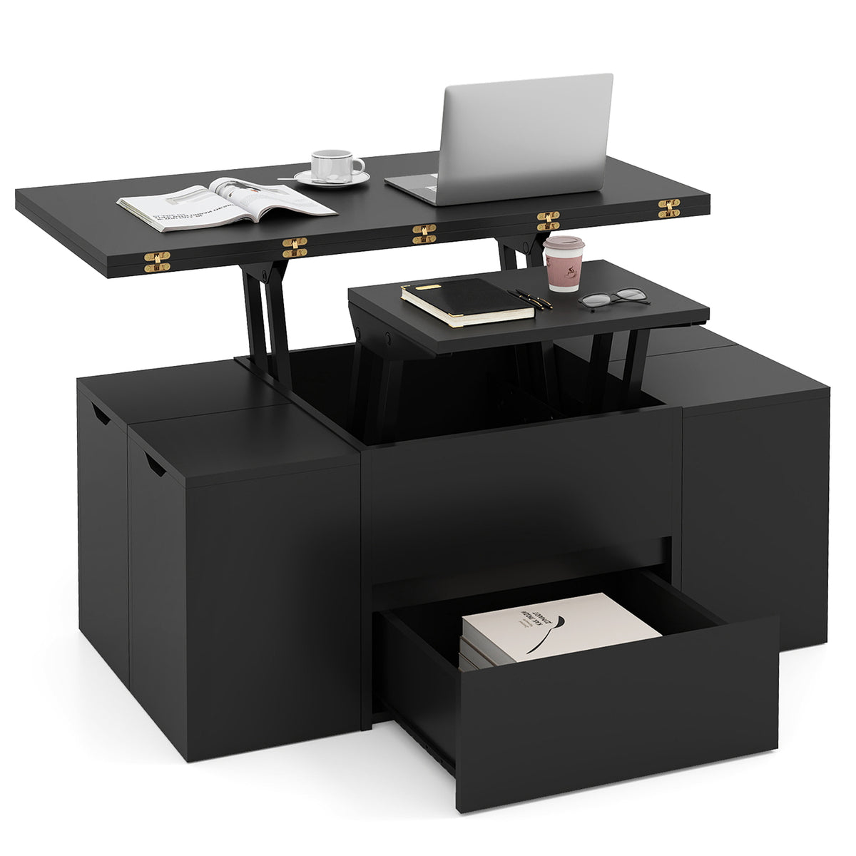 3-in-1 Expandable Lift Top Coffee Table with 4 Storage Stools and Hidden Compartment for 4-8 People-Black-Coffee Tables-DECOROLALA