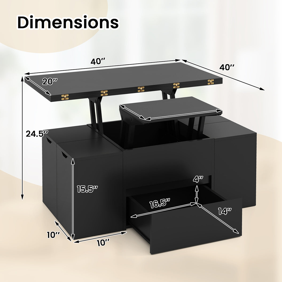 3-in-1 Expandable Lift Top Coffee Table with 4 Storage Stools and Hidden Compartment for 4-8 People-Black-Coffee Tables-DECOROLALA