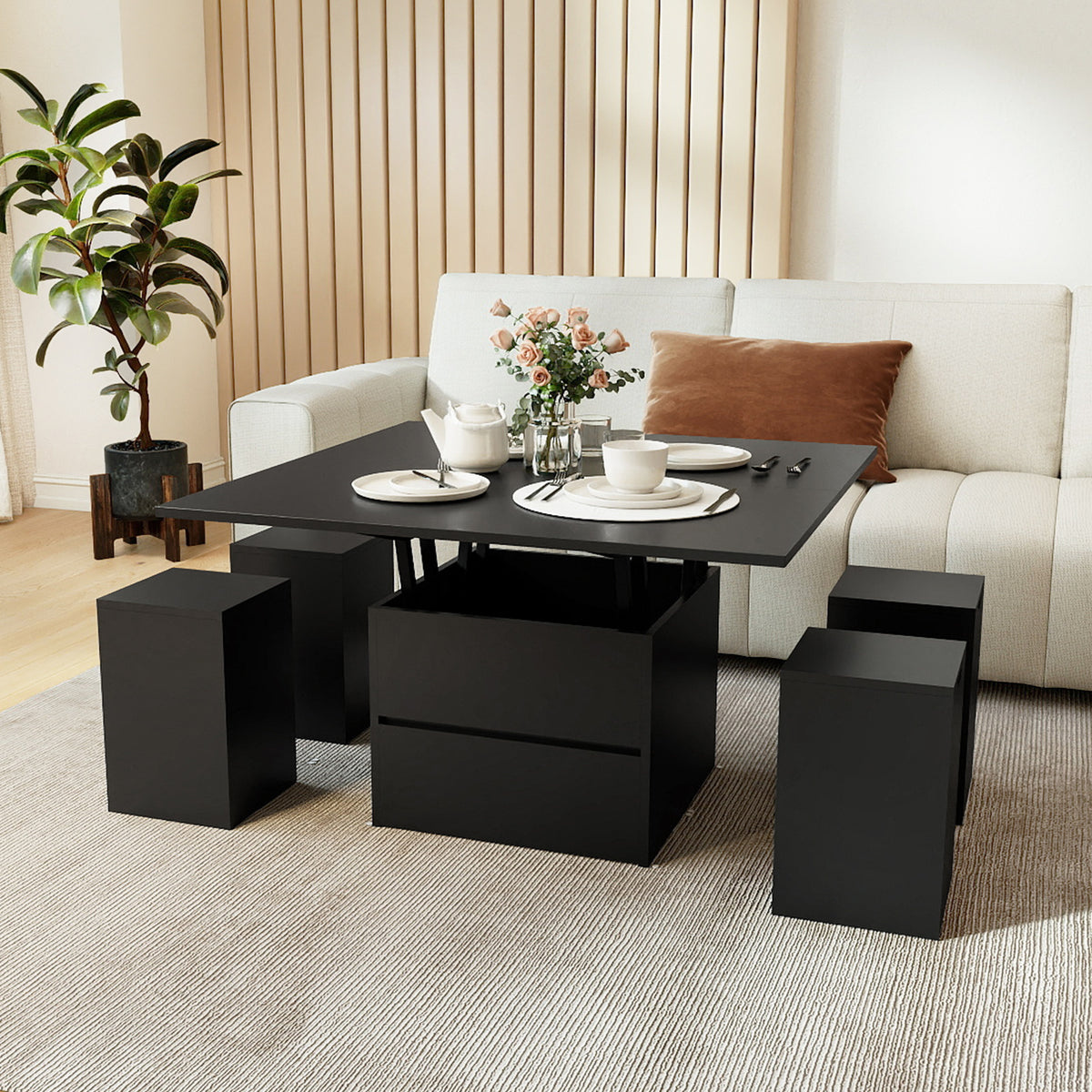 3-in-1 Expandable Lift Top Coffee Table with 4 Storage Stools and Hidden Compartment for 4-8 People-Black-Coffee Tables-DECOROLALA
