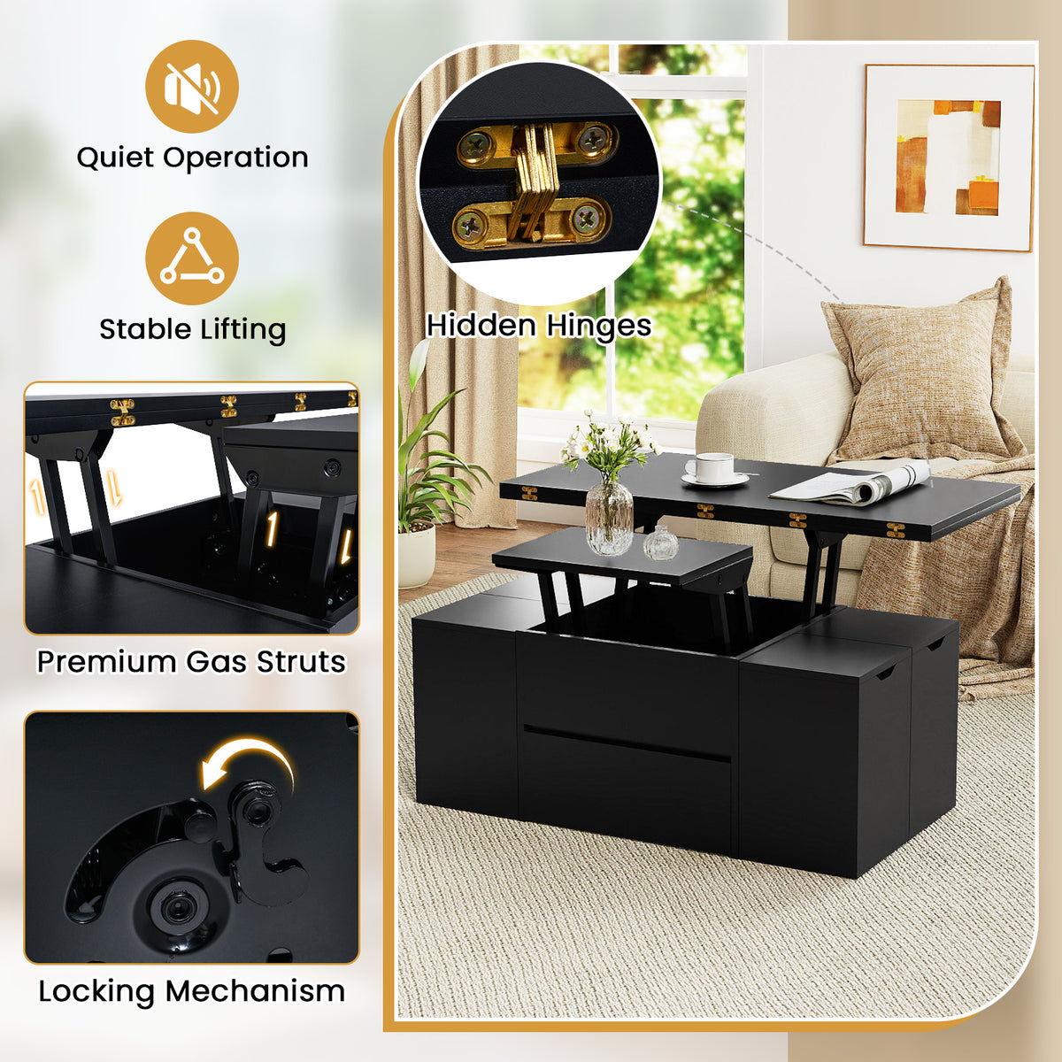 3-in-1 Expandable Lift Top Coffee Table with 4 Storage Stools and Hidden Compartment for 4-8 People-Black-Coffee Tables-DECOROLALA