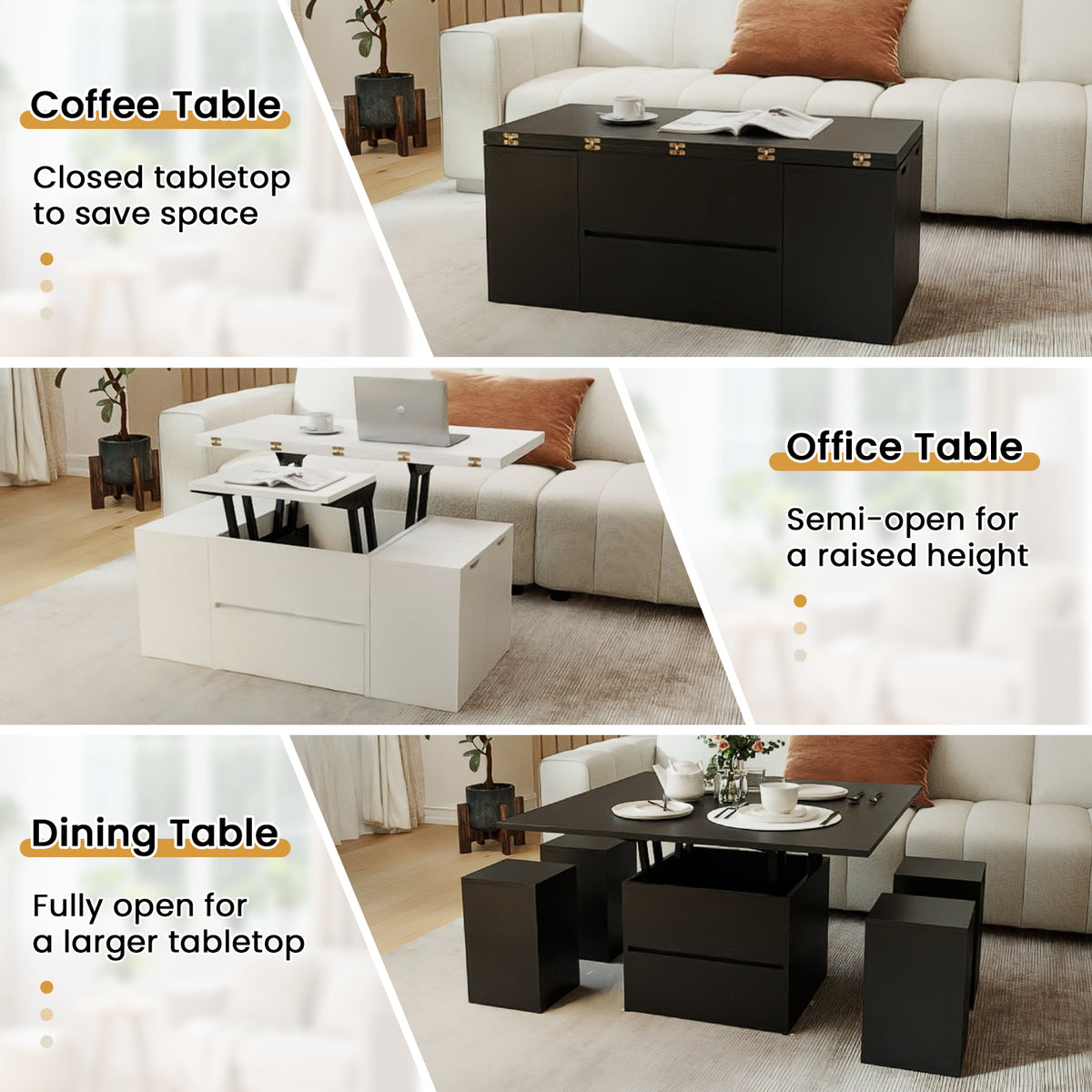 3-in-1 Expandable Lift Top Coffee Table with 4 Storage Stools and Hidden Compartment for 4-8 People-Black-Coffee Tables-DECOROLALA