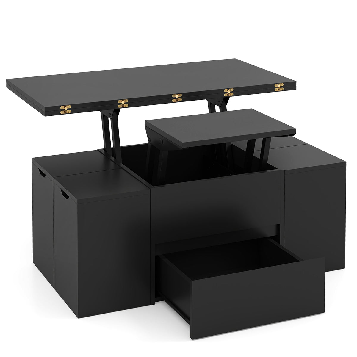 3-in-1 Expandable Lift Top Coffee Table with 4 Storage Stools and Hidden Compartment for 4-8 People-Black-Coffee Tables-DECOROLALA
