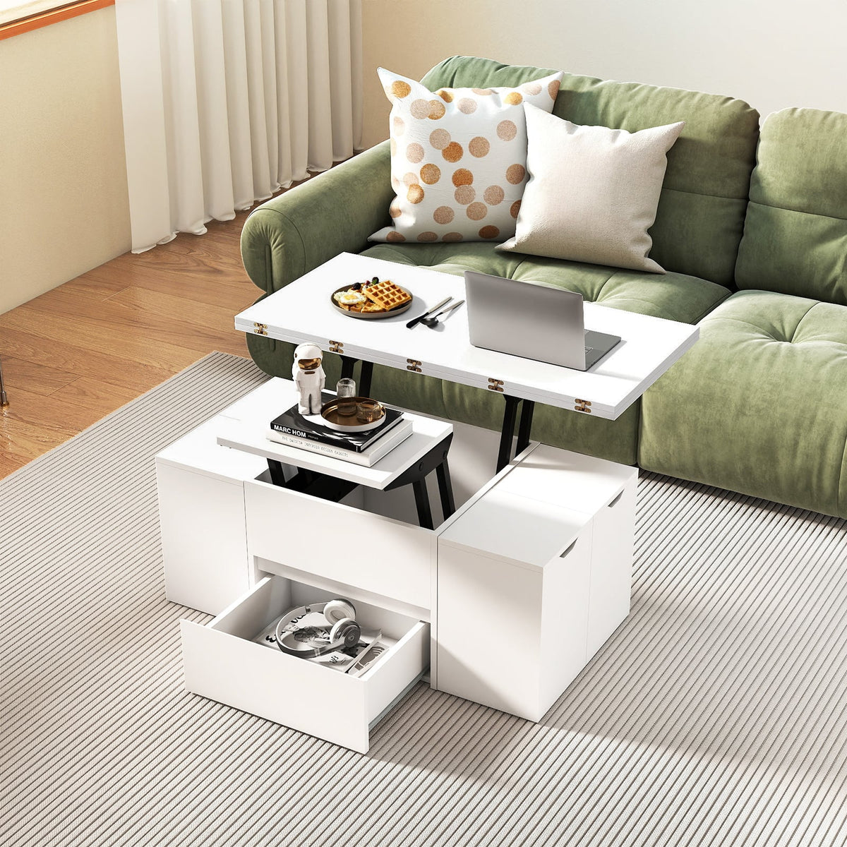 3-in-1 Expandable Lift Top Coffee Table with 4 Storage Stools and Hidden Compartment for 4-8 People-White-Coffee Tables-DECOROLALA