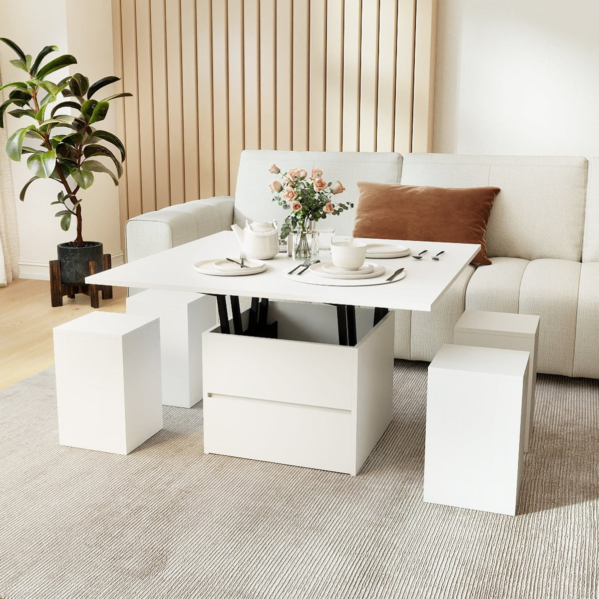 3-in-1 Expandable Lift Top Coffee Table with 4 Storage Stools and Hidden Compartment for 4-8 People-White-Coffee Tables-DECOROLALA