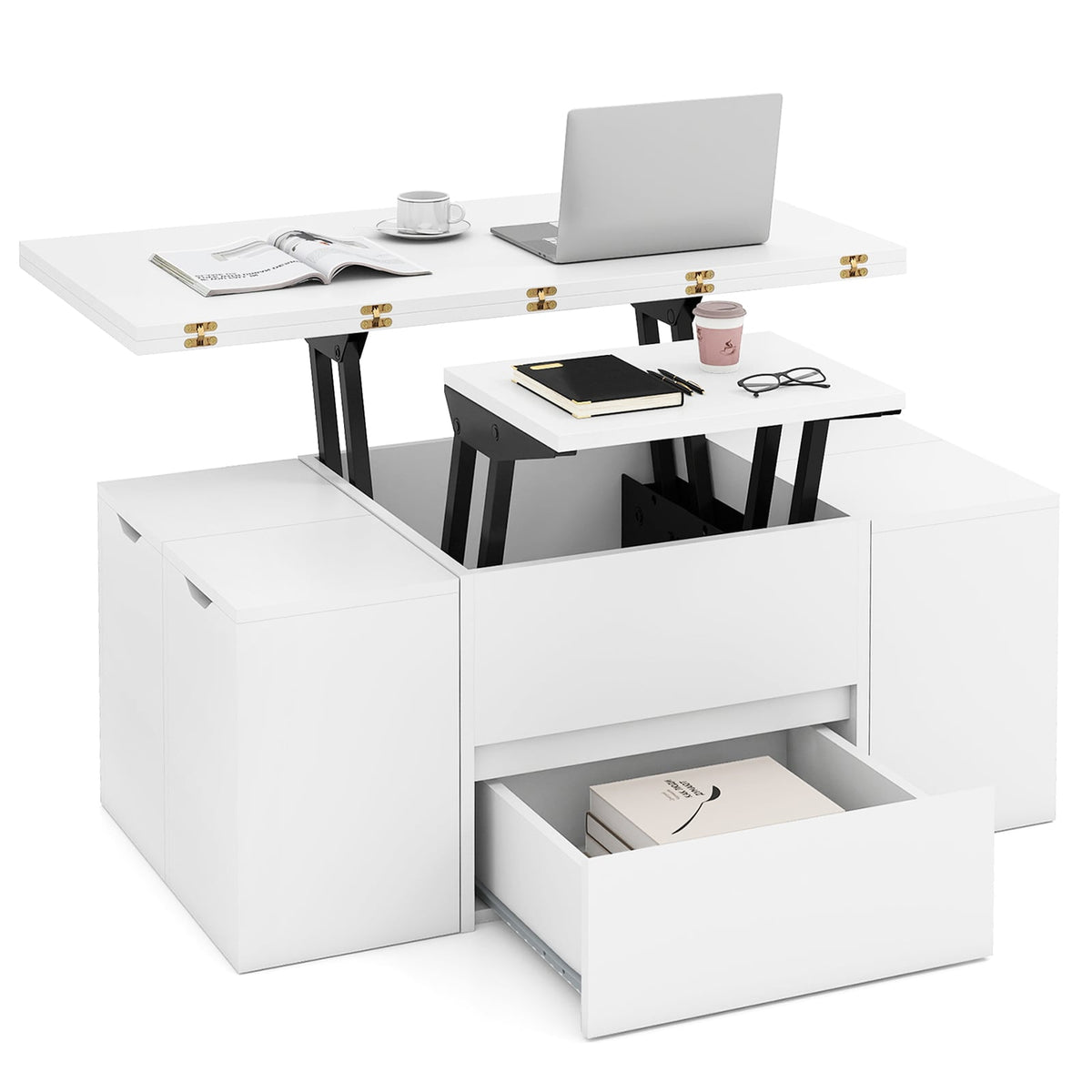 3-in-1 Expandable Lift Top Coffee Table with 4 Storage Stools and Hidden Compartment for 4-8 People-White-Coffee Tables-DECOROLALA