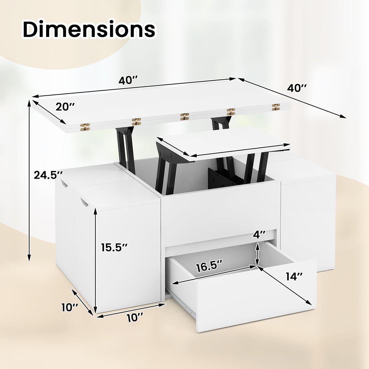 3-in-1 Expandable Lift Top Coffee Table with 4 Storage Stools and Hidden Compartment for 4-8 People-White-Coffee Tables-DECOROLALA
