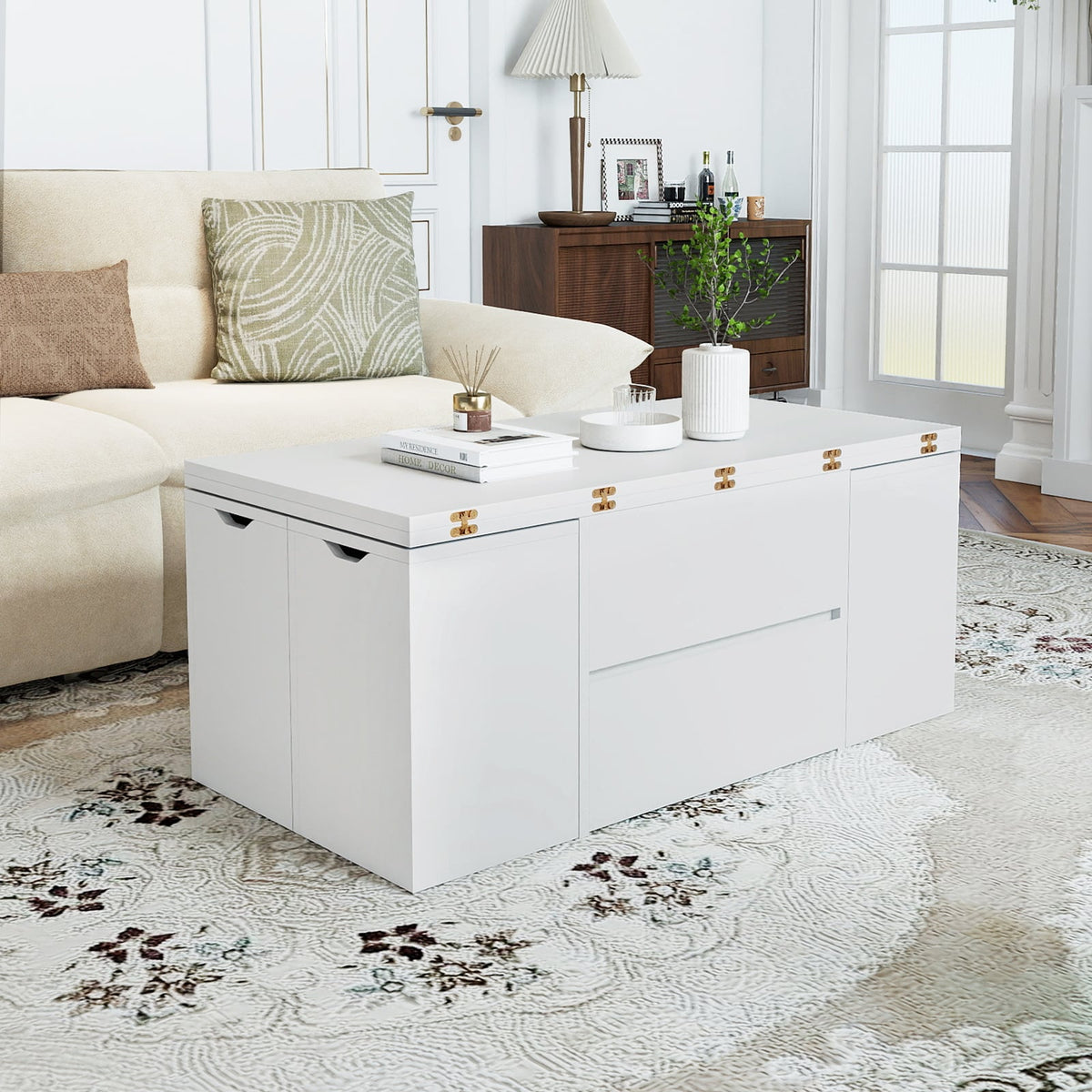 3-in-1 Expandable Lift Top Coffee Table with 4 Storage Stools and Hidden Compartment for 4-8 People-White-Coffee Tables-DECOROLALA