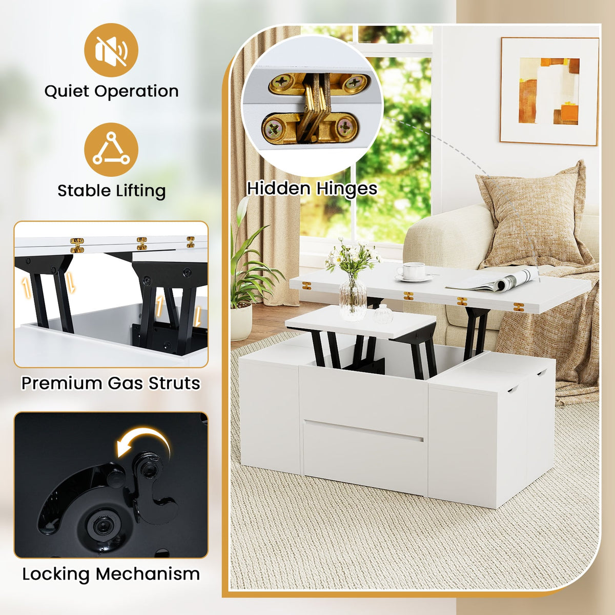 3-in-1 Expandable Lift Top Coffee Table with 4 Storage Stools and Hidden Compartment for 4-8 People-White-Coffee Tables-DECOROLALA
