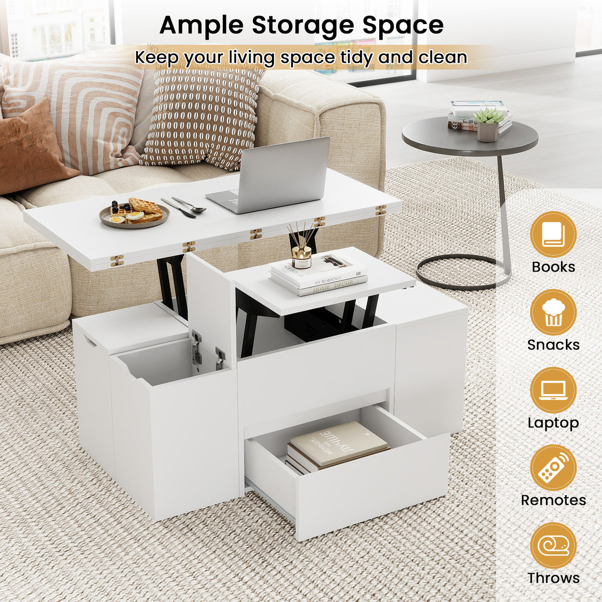 3-in-1 Expandable Lift Top Coffee Table with 4 Storage Stools and Hidden Compartment for 4-8 People-White-Coffee Tables-DECOROLALA