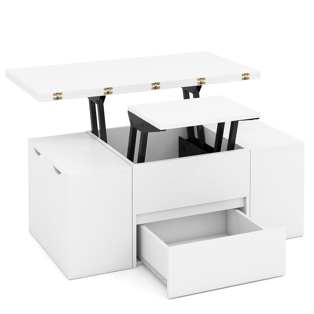 3-in-1 Expandable Lift Top Coffee Table with 4 Storage Stools and Hidden Compartment for 4-8 People-White-Coffee Tables-DECOROLALA