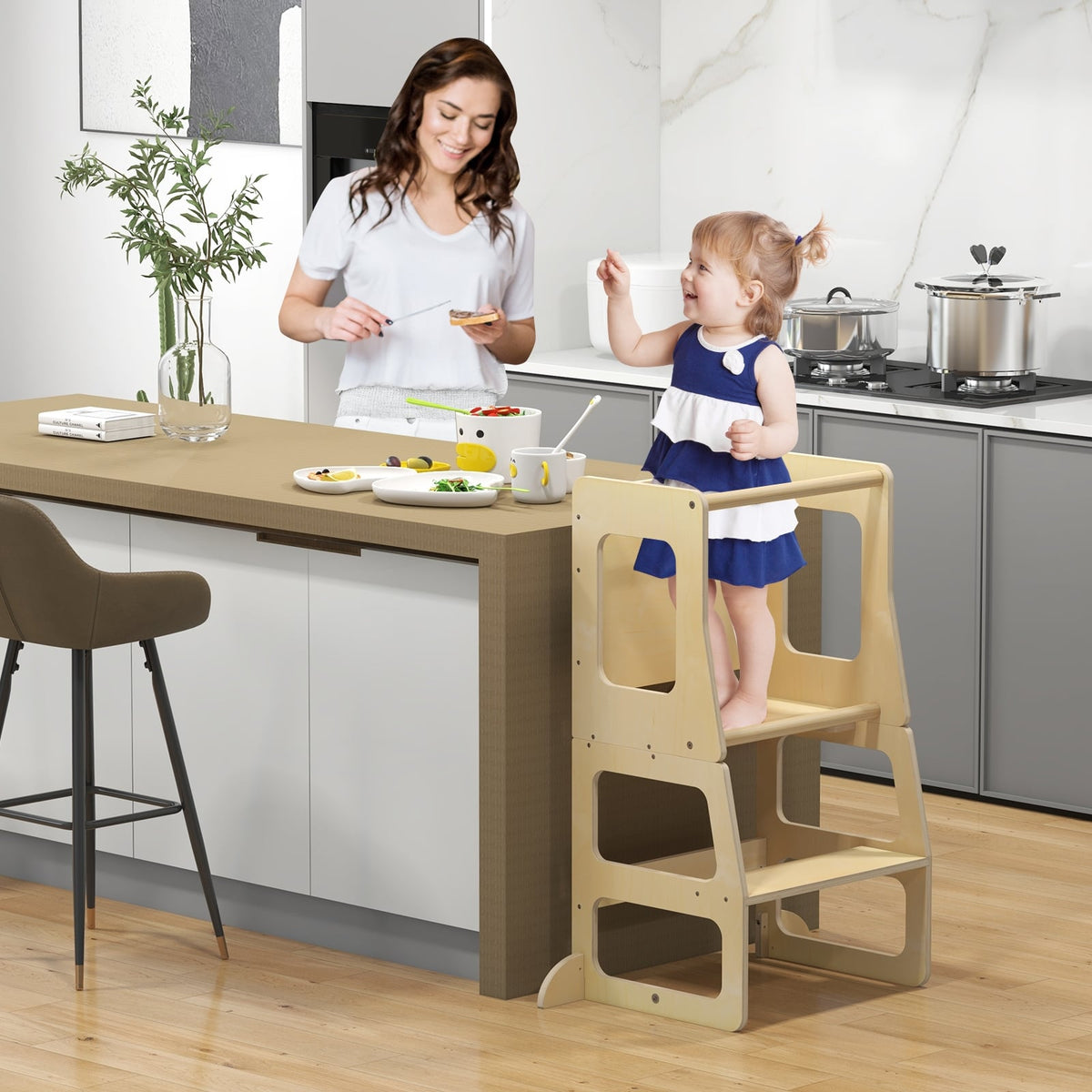 3-in-1 Foldable Kitchen Standing Tower for Toddlers with Chalkboard-Natural-Toddler & Kids Furniture-DECOROLALA