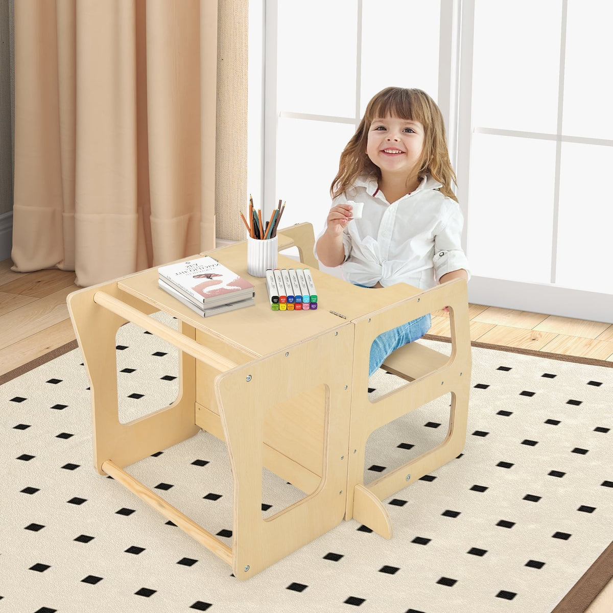 3-in-1 Foldable Kitchen Standing Tower for Toddlers with Chalkboard-Natural-Toddler & Kids Furniture-DECOROLALA