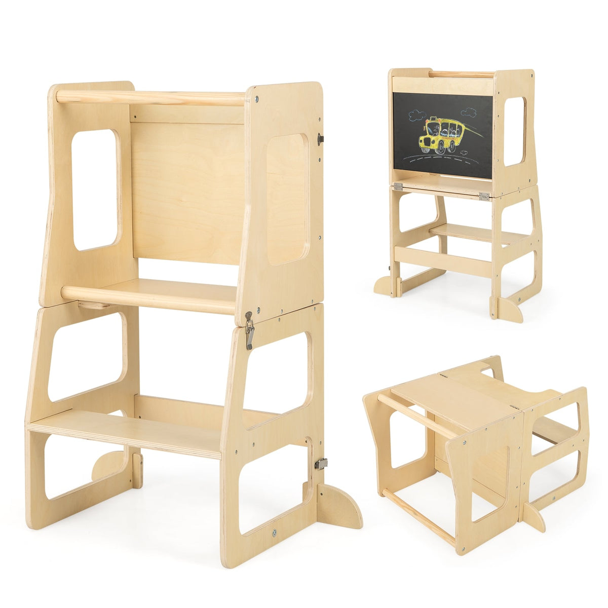 3-in-1 Foldable Kitchen Standing Tower for Toddlers with Chalkboard-Natural-Toddler & Kids Furniture-DECOROLALA