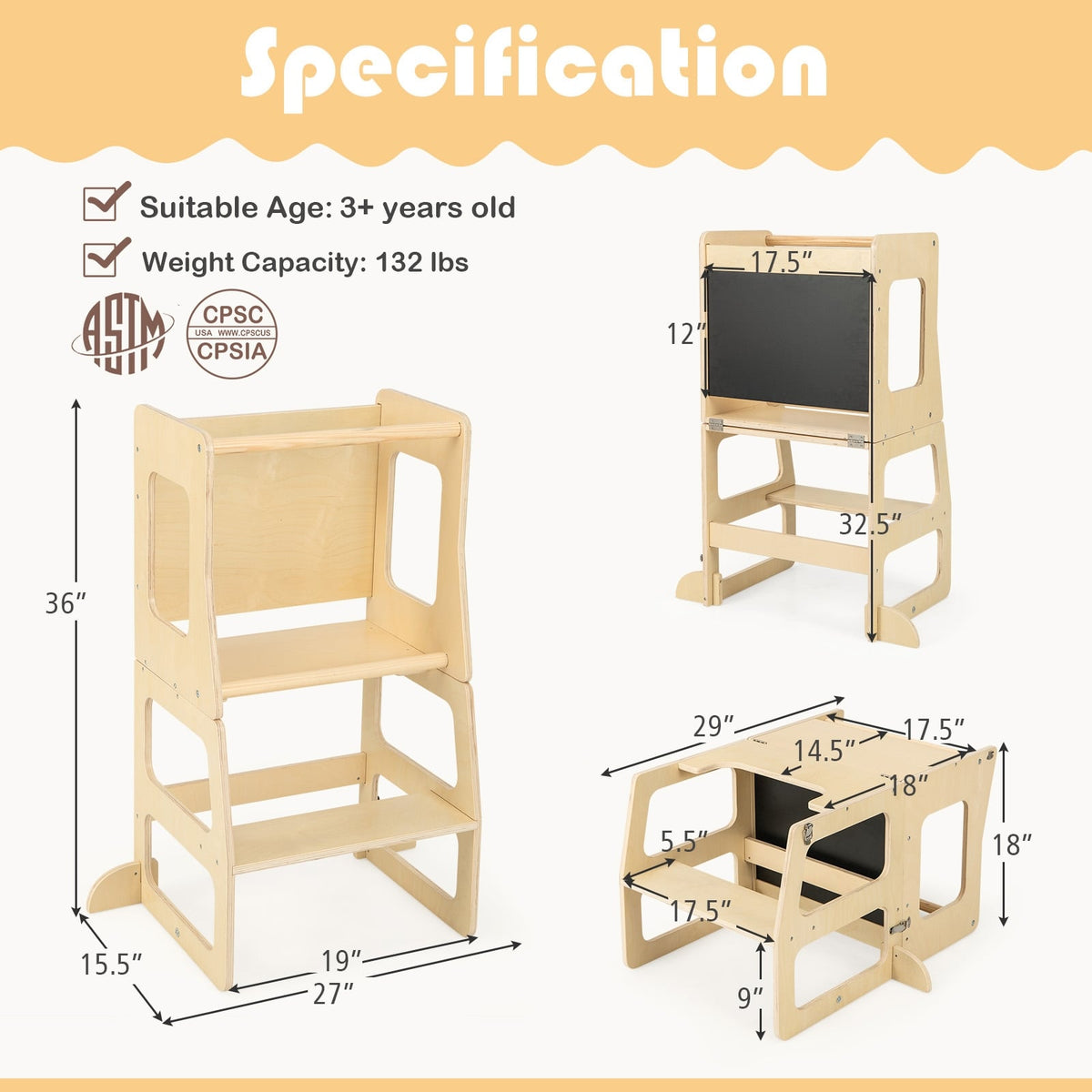3-in-1 Foldable Kitchen Standing Tower for Toddlers with Chalkboard-Natural-Toddler & Kids Furniture-DECOROLALA