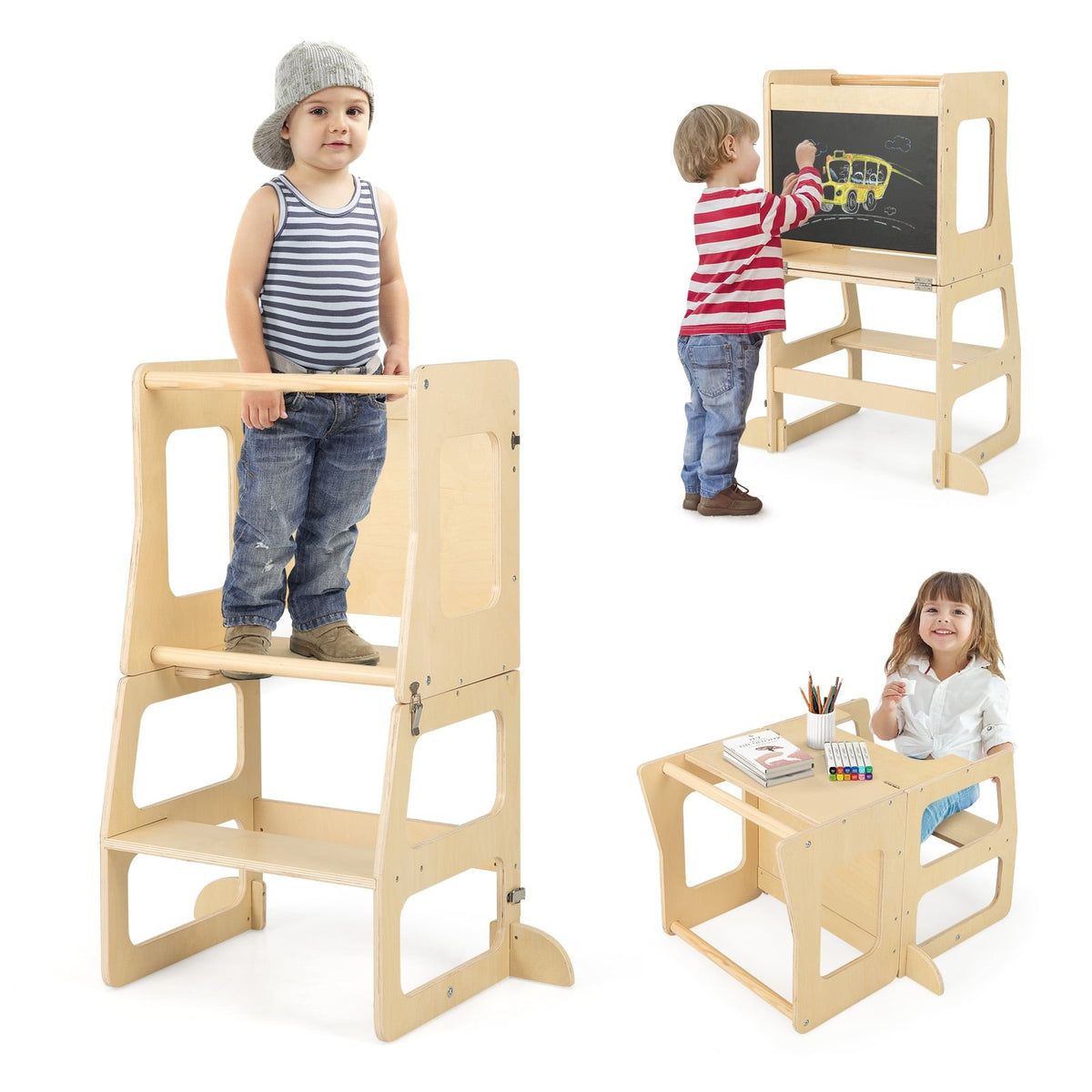3-in-1 Foldable Kitchen Standing Tower for Toddlers with Chalkboard-Natural-Toddler & Kids Furniture-DECOROLALA