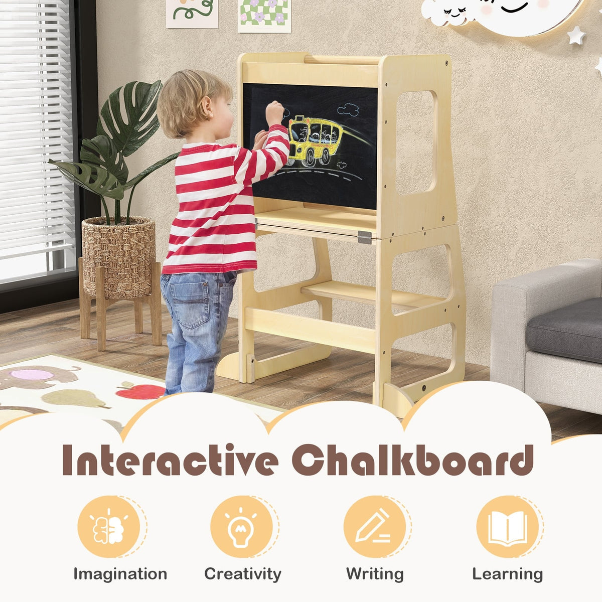 3-in-1 Foldable Kitchen Standing Tower for Toddlers with Chalkboard-Natural-Toddler & Kids Furniture-DECOROLALA