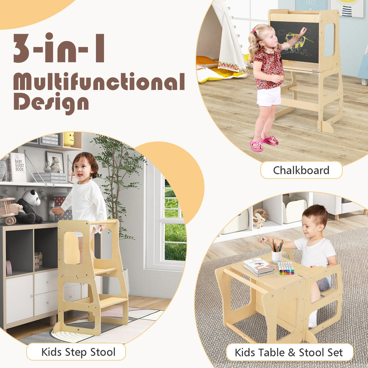 3-in-1 Foldable Kitchen Standing Tower for Toddlers with Chalkboard-Natural-Toddler & Kids Furniture-DECOROLALA