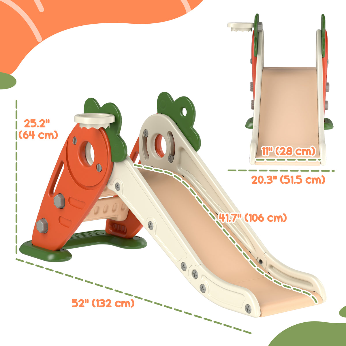 3 in 1 Foldable Toddler Slide with Basketball Hoop, Climber, for 1-3 Years Old, Orange-Toys & Games > Kids Outdoor Play > Gym Sets & Swings-DECOROLALA
