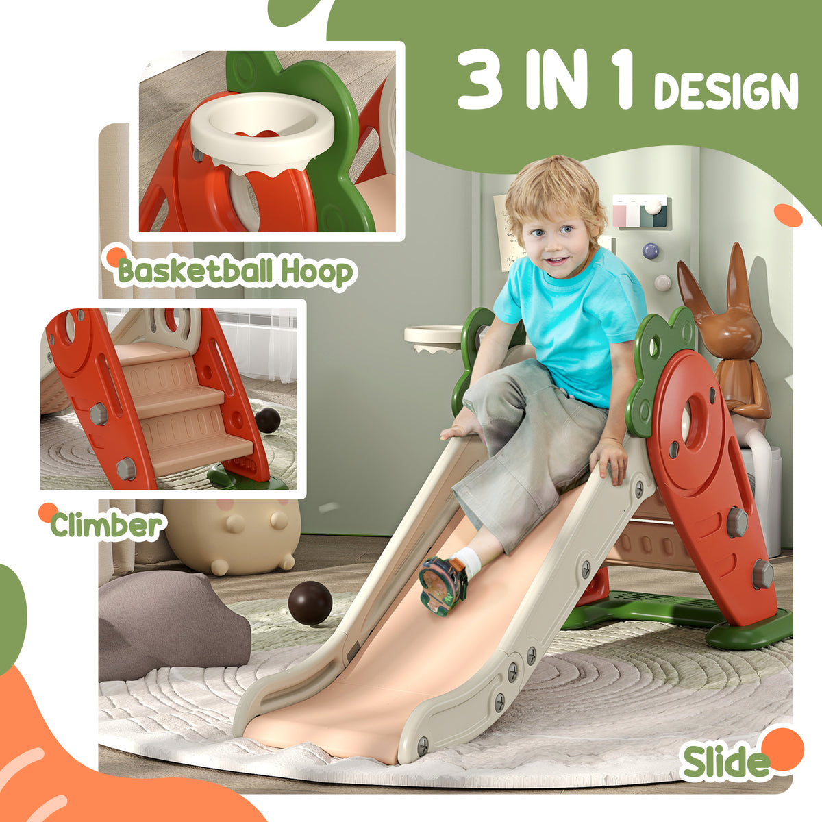 3-in-1 Foldable Toddler Slide with Basketball Hoop - Orange-Toys & Games > Kids Outdoor Play > Gym Sets & Swings-DECOROLALA