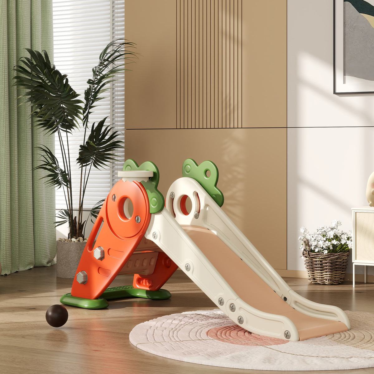 3-in-1 Foldable Toddler Slide with Basketball Hoop - Orange-Toys & Games > Kids Outdoor Play > Gym Sets & Swings-DECOROLALA