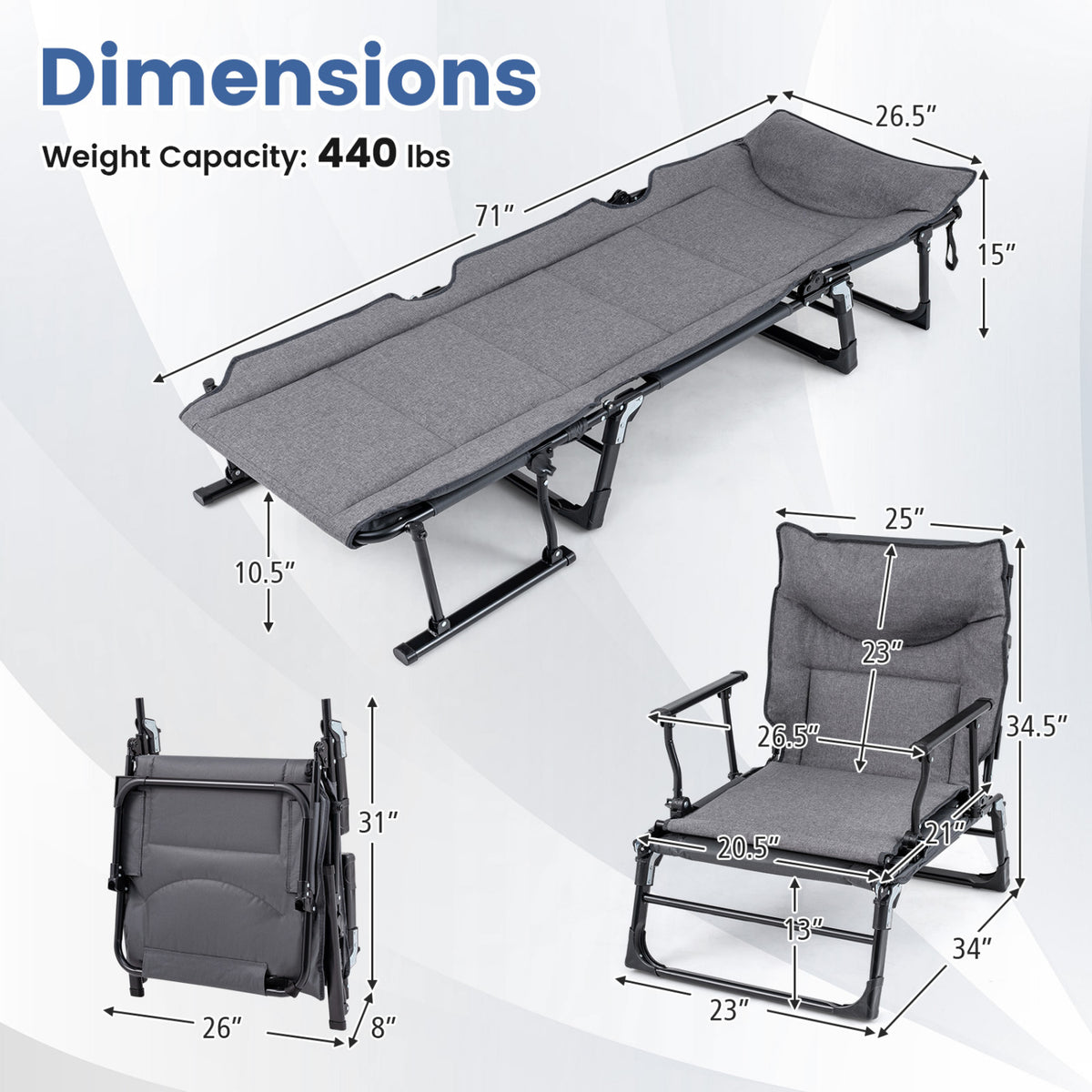 3 in 1 Folding Camping Cot and Comfy Padded Convertible Single Sofa Chair-Gray-Camping Furniture-DECOROLALA