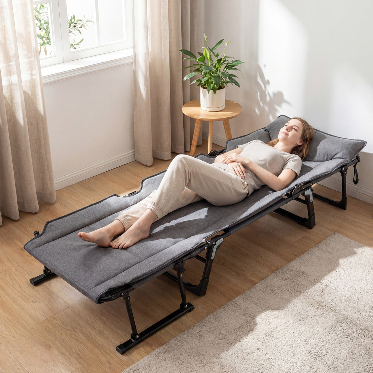 3 in 1 Folding Camping Cot and Comfy Padded Convertible Single Sofa Chair-Gray-Camping Furniture-DECOROLALA