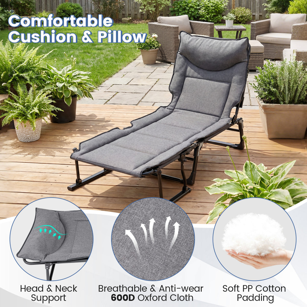 3 in 1 Folding Camping Cot and Comfy Padded Convertible Single Sofa Chair-Gray-Camping Furniture-DECOROLALA