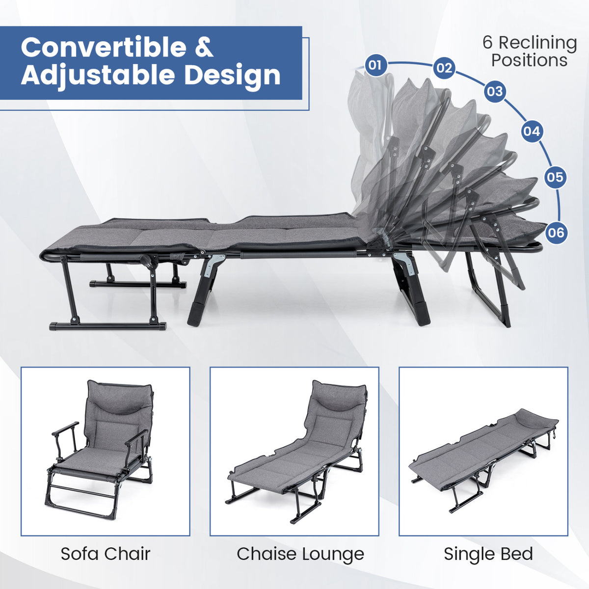 3 in 1 Folding Camping Cot and Comfy Padded Convertible Single Sofa Chair-Gray-Camping Furniture-DECOROLALA