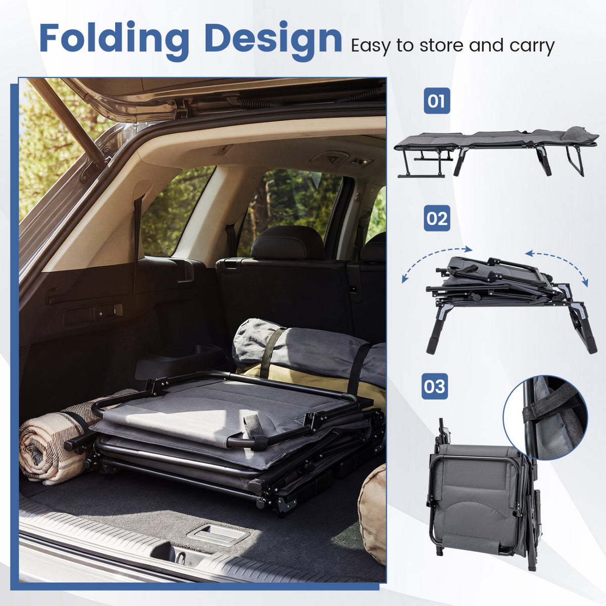 3 in 1 Folding Camping Cot and Comfy Padded Convertible Single Sofa Chair-Gray-Camping Furniture-DECOROLALA