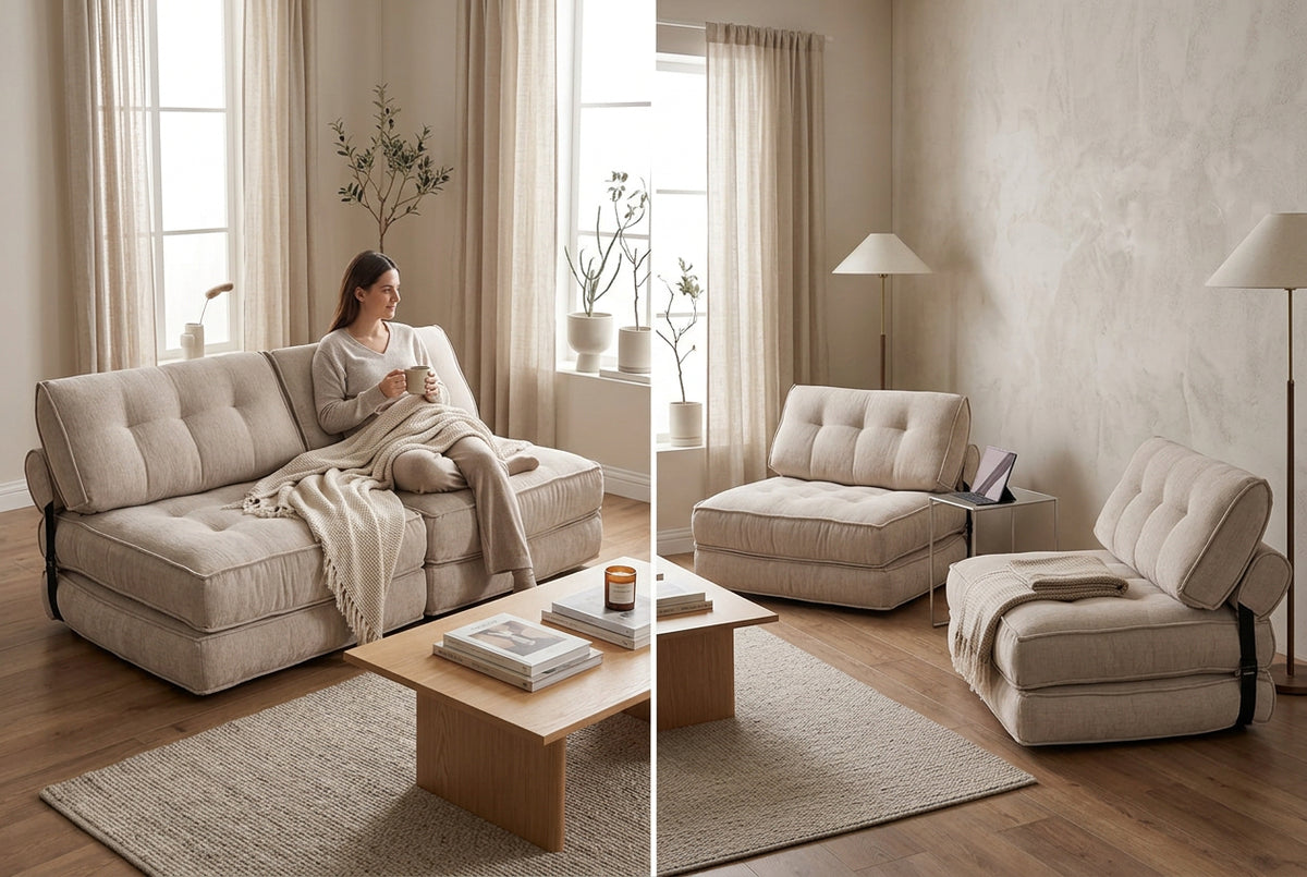 3-in-1 Folding Chenille Sofa Bed with Bolster, Set of 2 - Beige-Sofas & Loveseats-DECOROLALA