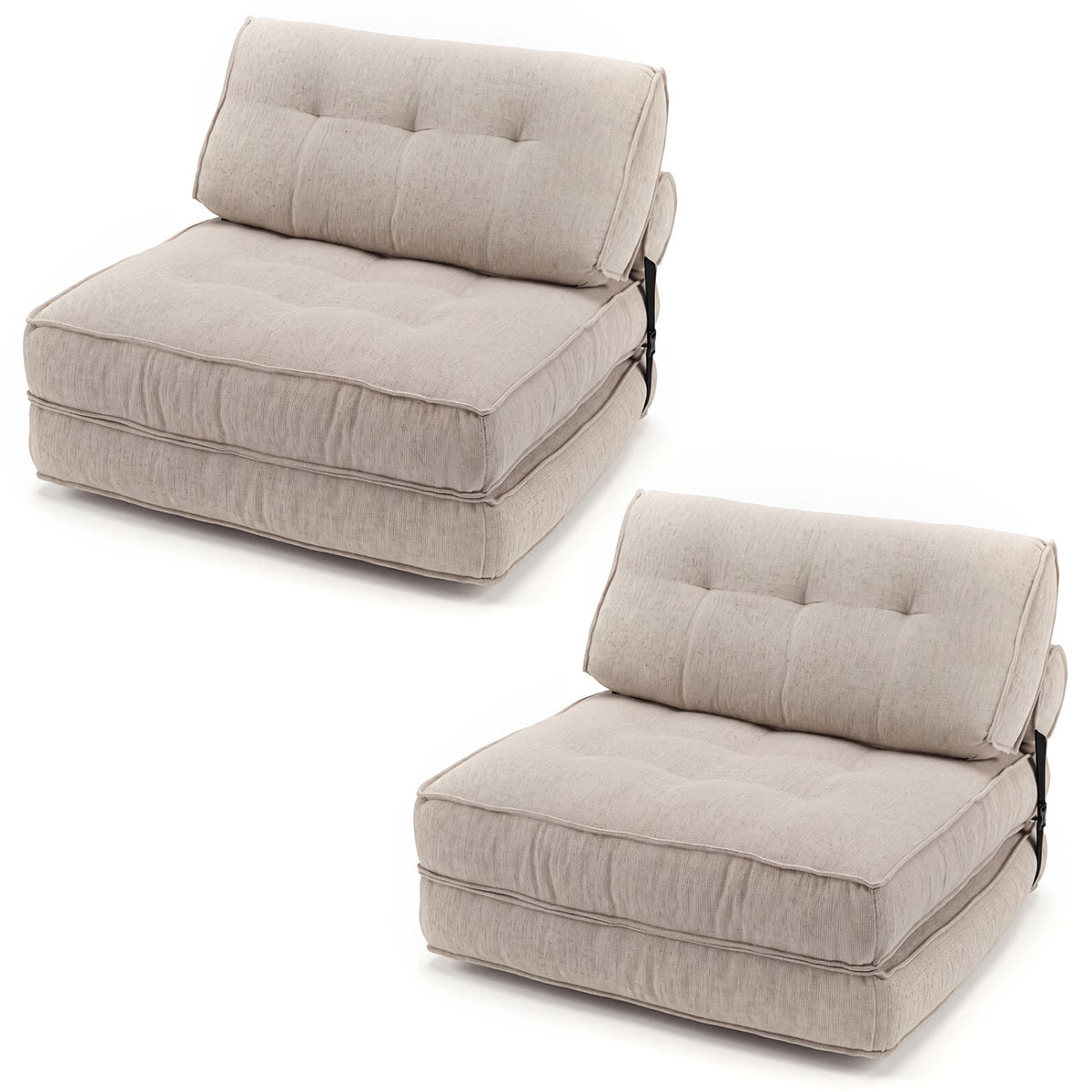 3-in-1 Folding Chenille Sofa Bed with Bolster, Set of 2 - Beige-Sofas & Loveseats-DECOROLALA