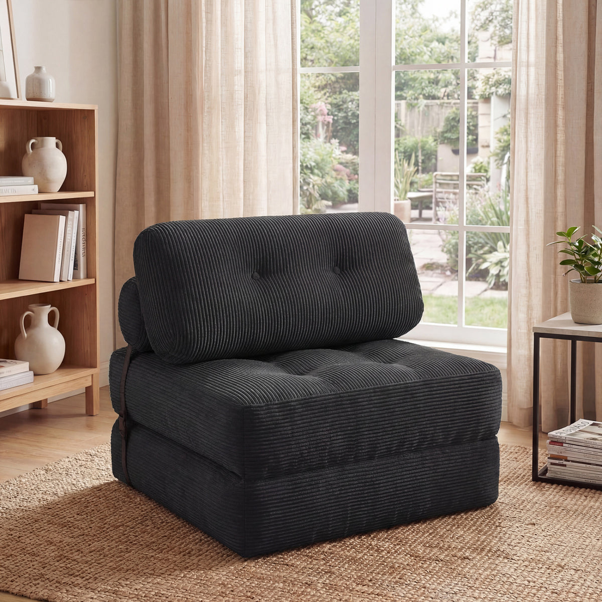 3-in-1 Folding Corduroy Sofa Bed with Pillow - Black-Sofas & Loveseats-DECOROLALA
