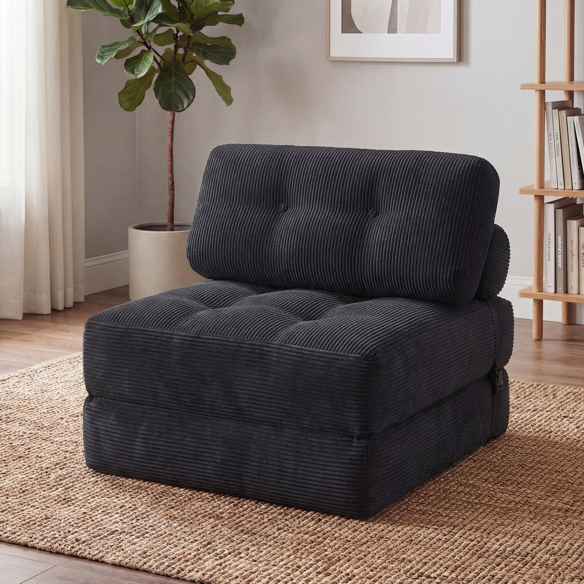 3-in-1 Folding Corduroy Sofa Bed with Pillow - Black-Sofas & Loveseats-DECOROLALA