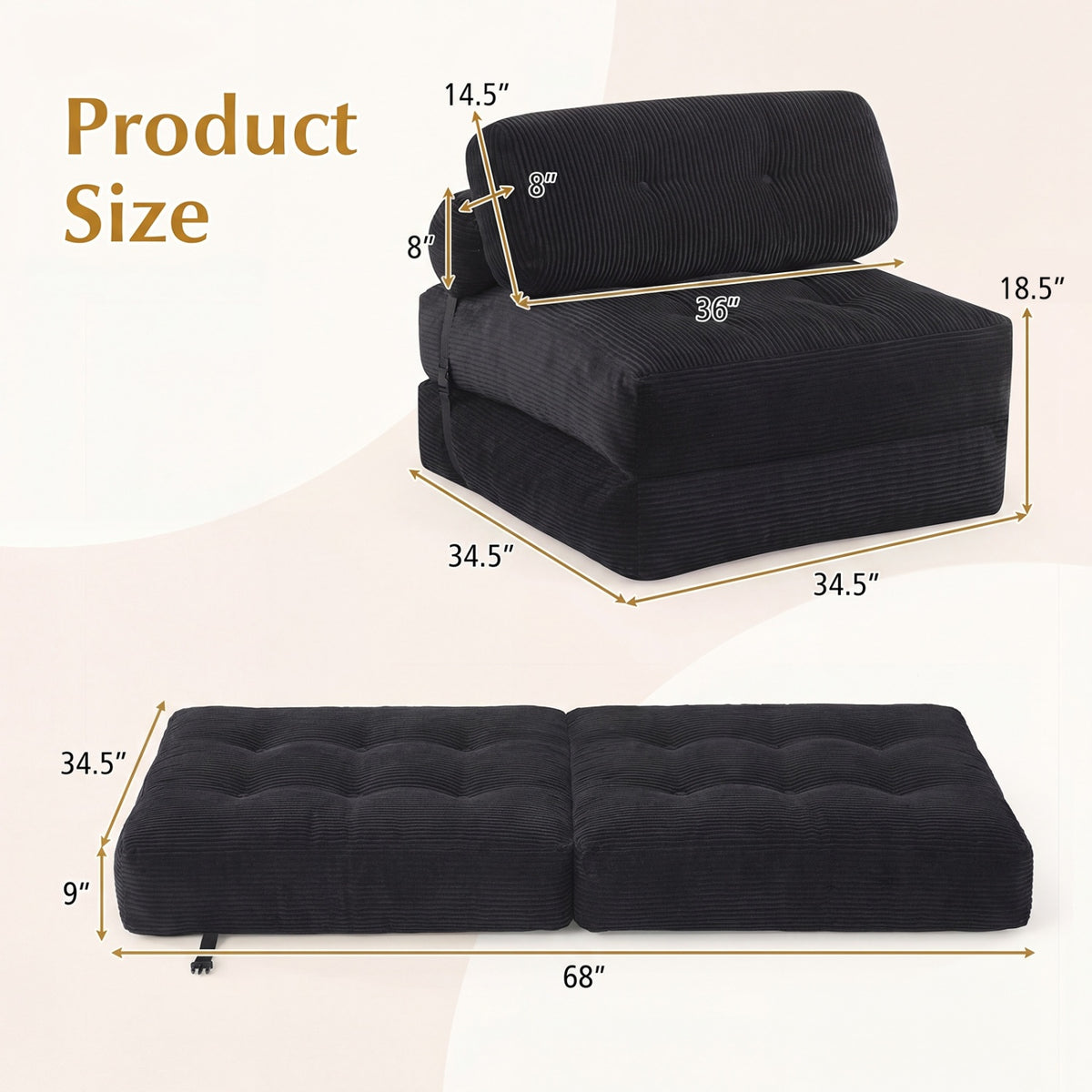 3-in-1 Folding Corduroy Sofa Bed with Pillow - Black-Sofas & Loveseats-DECOROLALA