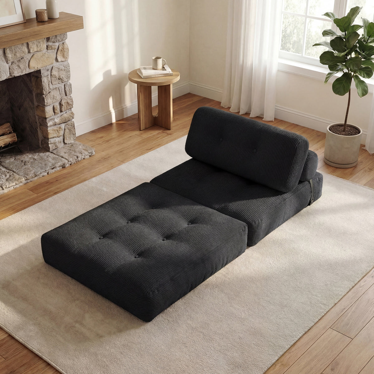 3-in-1 Folding Corduroy Sofa Bed with Pillow - Black-Sofas & Loveseats-DECOROLALA