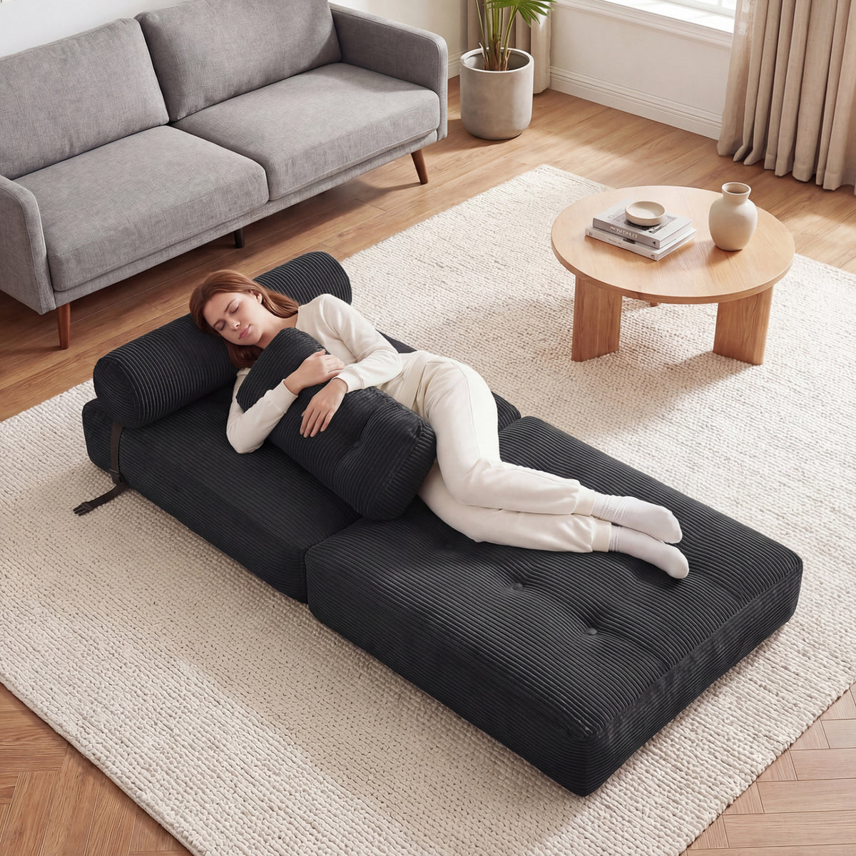3-in-1 Folding Corduroy Sofa Bed with Pillow - Black-Sofas & Loveseats-DECOROLALA