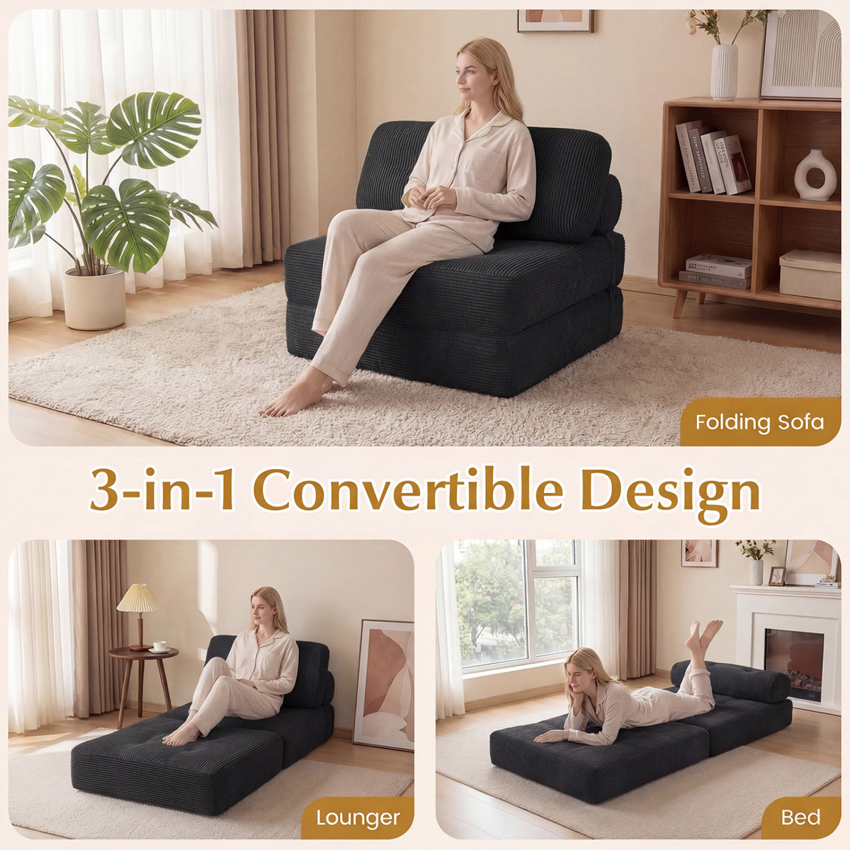 3-in-1 Folding Corduroy Sofa Bed with Pillow - Black-Sofas & Loveseats-DECOROLALA