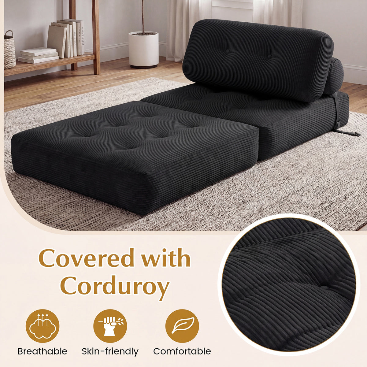 3-in-1 Folding Corduroy Sofa Bed with Pillow - Black-Sofas & Loveseats-DECOROLALA