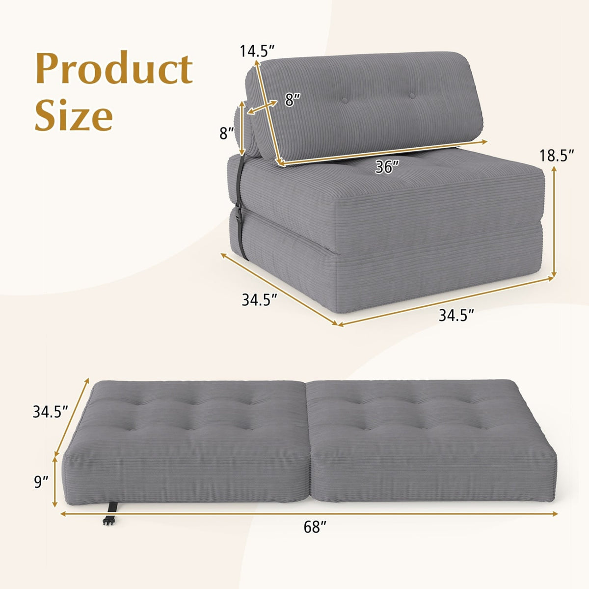 3-in-1 Folding Corduroy Sofa Bed with Pillow - Gray-Sofas & Loveseats-DECOROLALA
