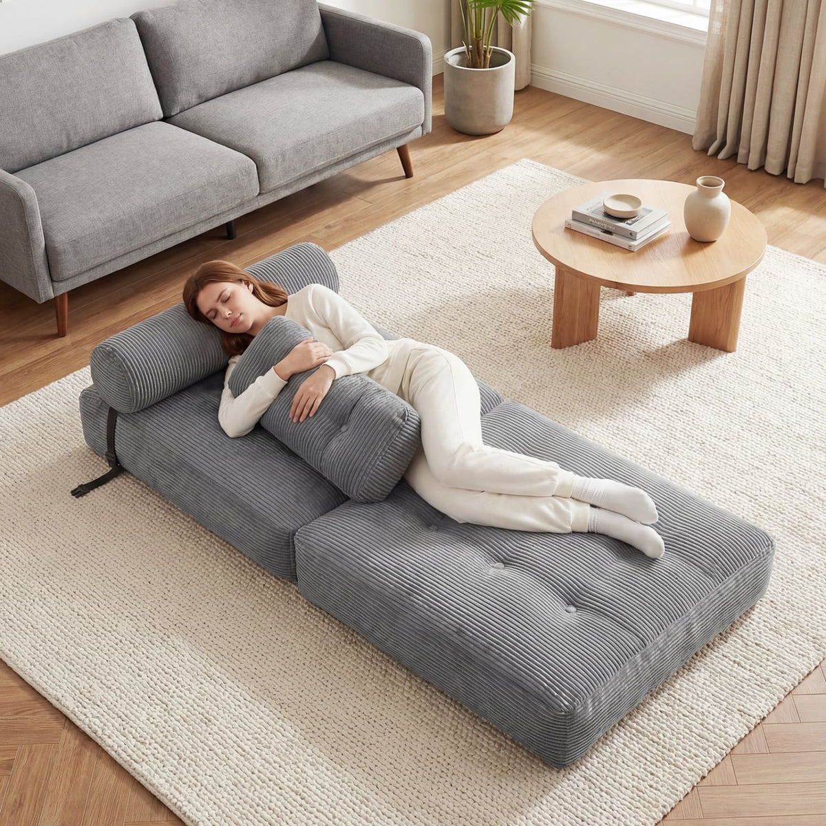 3-in-1 Folding Corduroy Sofa Bed with Pillow - Gray-Sofas & Loveseats-DECOROLALA