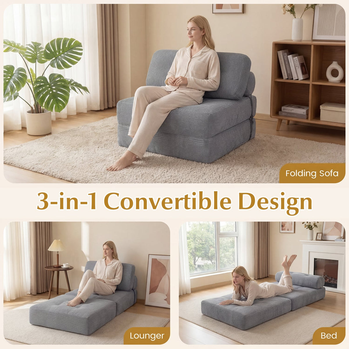 3-in-1 Folding Corduroy Sofa Bed with Pillow - Gray-Sofas & Loveseats-DECOROLALA
