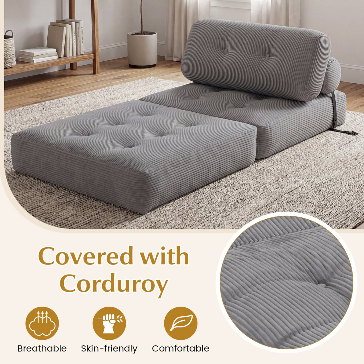 3-in-1 Folding Corduroy Sofa Bed with Pillow - Gray-Sofas & Loveseats-DECOROLALA