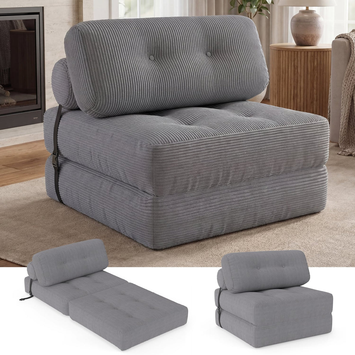 3-in-1 Folding Corduroy Sofa Bed with Pillow - Gray-Sofas & Loveseats-DECOROLALA